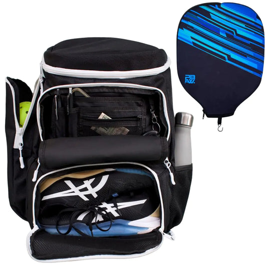 Pickleball Backpack & Paddle Cover - Large Pickle Ball Bag for Men and Women - Pockets for Water Bottles Balls Shoes (Black/White Backpack + Blue Cover)